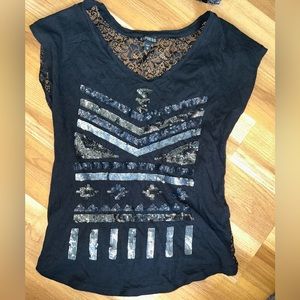 Express Sleeves Aztec Black Sequined Top with Sheer Lace Back Women’s Small